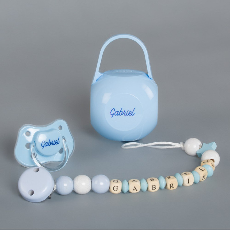 coffret trio attache tétine personnalisable et anneau de dentition en bois  et jouet à suspendre couleur kamel /blanc/ bleu gris / crochet/attache