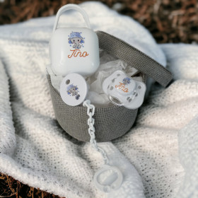 Coffret Tétine éléphant au chapeau et Attache Tétine Personnalisés