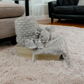 Panier naissance couverture et doudou RENNE personnalisée composition couverture et doudou renne gris