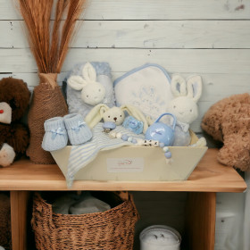 Panier naissance lapin câlin bleu Panier Garni de Naissance Lapin Câlin Bleu