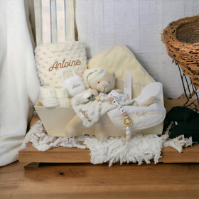 Panier naissance complet beige petit ours personnalisé Coffret de Naissance Luxe Beige