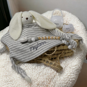 Coffret naissance doudou lapin câlin & sucette personnalisé coffret lapin câlin gris