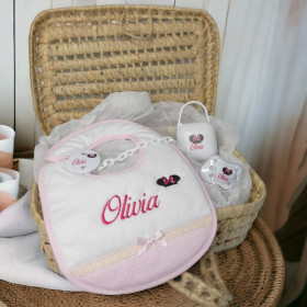 Coffret naissance bavoir tête sourissette rose & accessoires blancs Coffret Naissance Personnalisé Souricette