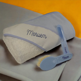 Cape de bain capuche petits points et set brosse personnalisés cape de bain et set brosse bleu