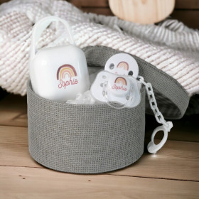 Coffret naissance sucette motif arc en ciel & attache tétine clip personnalisé Coffret Tétine et Attache Tétine Personnalisé