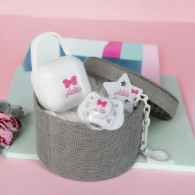 Coffret naissance sucette blanche motif noeud rose & attache tétine clip Coffret Tétine Noeud Rose et Attache Tétine