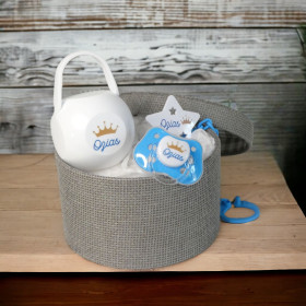 Coffret naissance sucette motif couronne  & attache tétine clip personnalisé Coffret Tétine Couronne et Attache Tétine Personnalisés