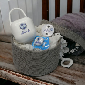 Coffret naissance sucette bleu cyan motif ballon de foot & attache tétine clip Coffret Tétine Foot et Attache Tétine Personnalisés