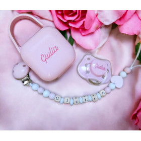 Coffret naissance mon prénom tout rose & attache sucette bois personnalisé Coffret Tétine et Attache Tétine Bois Personnalisés Rose