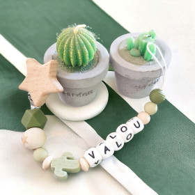 Attache tétine Cactus en bois et silicone personnalisée Attache Tétine Personnalisée Cactus