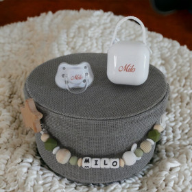 Coffret sucette blanche attache silicone et bois motif lapin Coffret Tétine Lapin et Attache Tétine Silicone Personnalisés