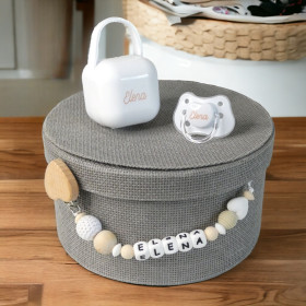 Coffret sucette blanche attache sucette silicone et bois motif coeur blanc Coffret Tétine Coeur et Attache Tétine Silicone Personnalisés