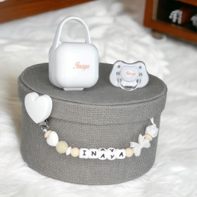 Coffret Tétine Noeud et Coeur et Attache Tétine Silicone Personnalisés