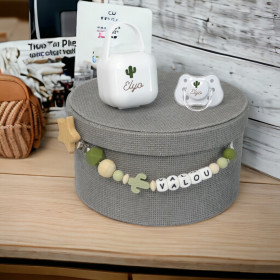 Coffret sucette blanche attache sucette silicone et bois motif cactus Coffret Tétine Cactus et Attache Tétine Silicone Personnalisés