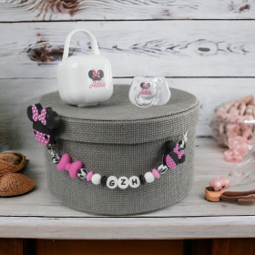 Coffret sucette blanche attache sucette silicone motif oreilles sourissette personnalisé Coffret Tétine Souris Rose et Attache Tétine Silicone Personnalisés