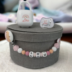 Coffret sucette blanche attache sucette silicone motif arc en ciel rose Coffret Tétine et Attache Tétine Silicone Personnalisés Arc en Ciel