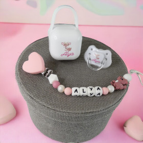 tétine et accessoires blancs motif biche rose