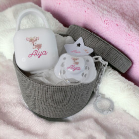 Coffret Tétine biche rose et Attache Tétine Personnalisés