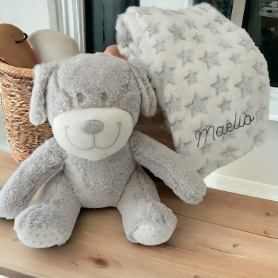 peluche chien et son plaid personnalisé gris