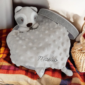 Doudou plat Raton laveur gris personnalisé doudou ration laveur