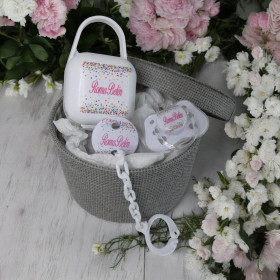 Coffret naissance sucette motif petits points de couleurs & attache tétine clip Coffret petits points fuschia