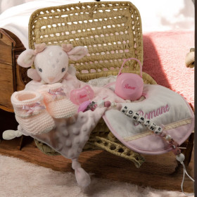 Coffret naissance doudou petit renne Complet personnalisé coffret doudou renne rose complet