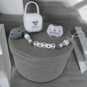 coffret naissance sucette blanche motif éléphant gris
