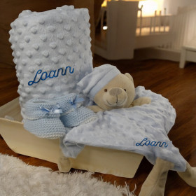 Panier naissance couverture et doudou PETIT OURS personnalisé composition couverture et doudou petit ours bleu