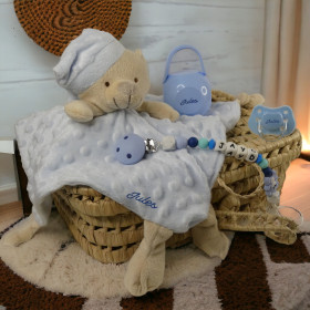 Coffret naissance doudou petit ours & accessoires personnalisés coffret doudou oursinou bleu